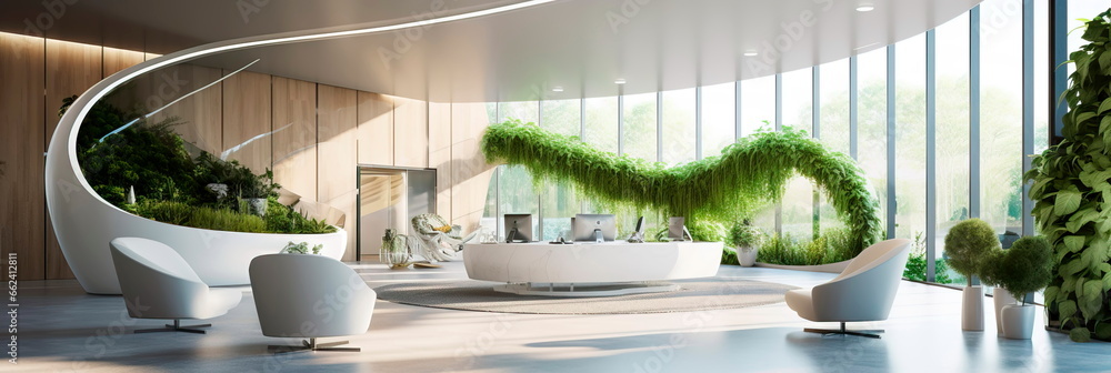 Modern office lobby with sleek furniture, a living green wall, and natural light. - obrazy, fototapety, plakaty 