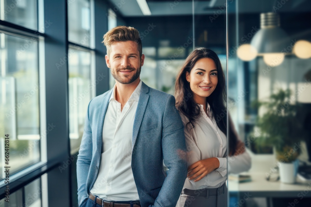 Fototapeta premium two happy professional business people team woman and man workers working at modern office