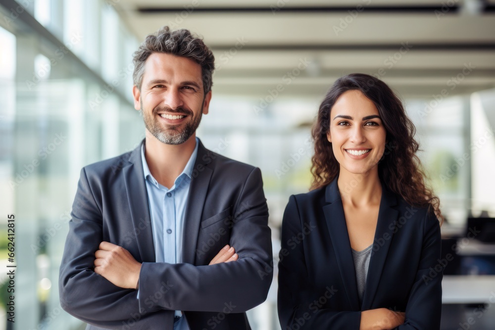 two happy professional business people team woman and man workers working at corporate office two happy professional business people team woman and man workers working at corporate office