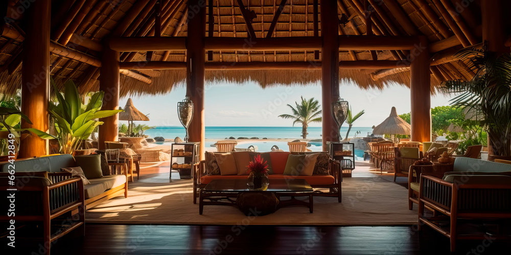 Tropical resort lobby with a thatched roof, wooden beams, and views of the ocean.