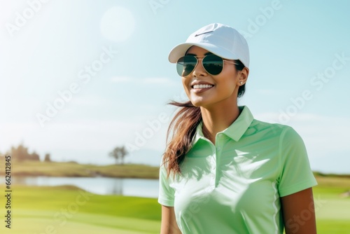 young woman standing on golf course on a sunny day