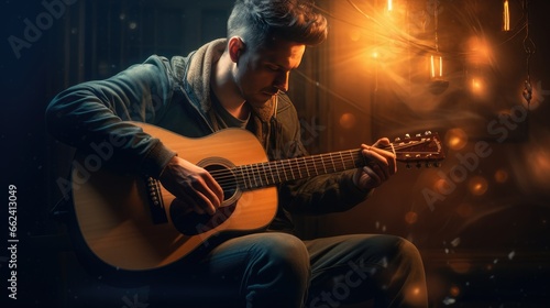 Musician with guitars singing at concert