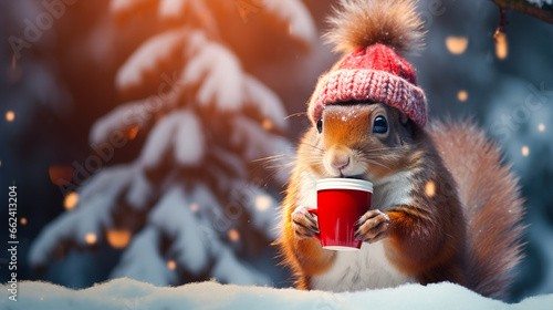 A cheerful cute squirrel in a knitted hat drinks cocoa from a cup against the background of a winter forest with fir trees, snow and colorful lights. Postcard for the New Year holidays.