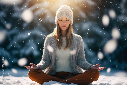 A woman in warm clothes sits in the lotus position in the winter forest. photo