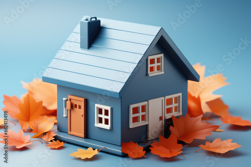 Golden autumn maple leaves and little toy house. High quality photo