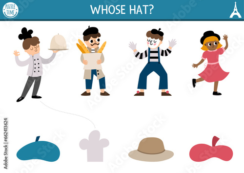 France shadow matching activity. Puzzle with French people. Find correct hat printable worksheet. Funny page for kids with mime, chef, man with baguette, girl and their headwear.
