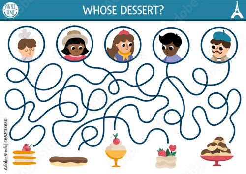 France maze for kids with people and traditional French desserts. Preschool printable activity. Labyrinth game or puzzle with eclair, mousse, profiterole, merengue. .