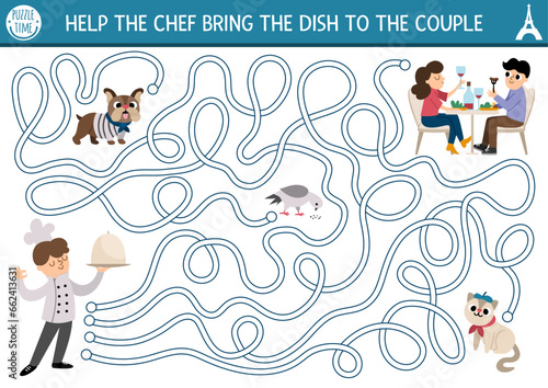 France maze for kids with cook. French preschool printable activity. Labyrinth game or puzzle with animals, man and woman waiting food in cafe. Help chef bring dish to couple in restaurant.