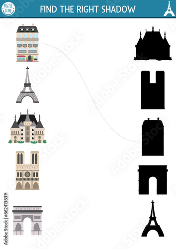 France shadow matching activity. French puzzle with Eiffel Tower, castle, Notre Dame, Triumphal arch. Find correct silhouette printable worksheet. Funny page for kids with traditional places
