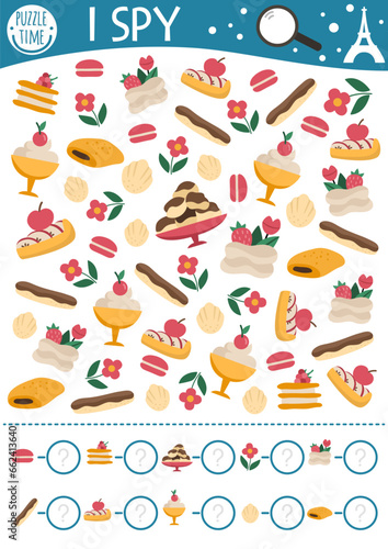 France I spy game for kids. Searching and counting activity with traditional French desserts. Printable worksheet for preschool children. Simple spotting puzzle with macaroon, mousse, eclair.