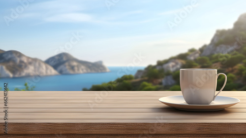 Coffee cup on a wooden table mountain sea background
