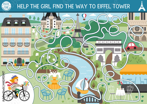 France maze for kids with Paris scene, woman riding bike through the city. French preschool printable activity. Labyrinth game or puzzle with sightseeing. Help the girl get to Eiffel Tower.
