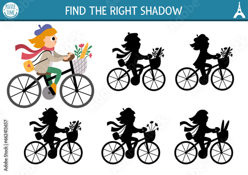 France shadow matching activity. Puzzle with girl riding a bike with basket with baguette and flowers. Find correct silhouette printable worksheet. Funny French page for kids.