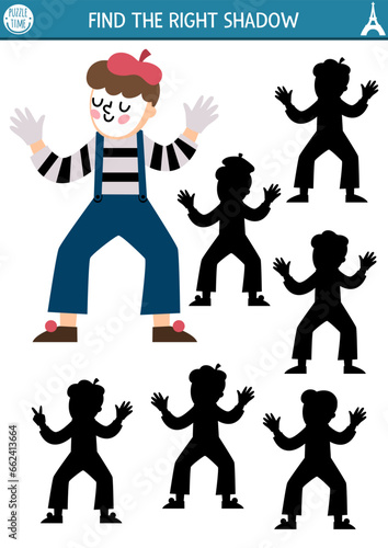 France shadow matching activity. Puzzle with mime in beret and stripy shirt. Find correct silhouette printable worksheet. Funny French page for kids.
