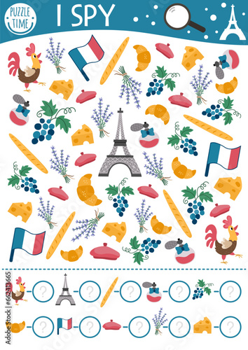 France I spy game for kids. Searching and counting activity with traditional symbols. French printable worksheet for preschool children. Simple spotting puzzle with Eiffel Tower, baguette, beret.