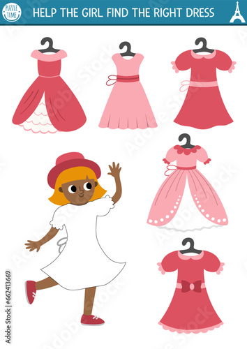 France matching activity. Puzzle with girl in pink dress. Find correct clothes printable worksheet. Funny page for kids with woman in hat and beautiful gown.