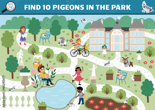 Vector French searching game with city landscape, park, people, animals. Spot hidden pigeons in the picture. Simple France seek and find educational printable activity for kids.