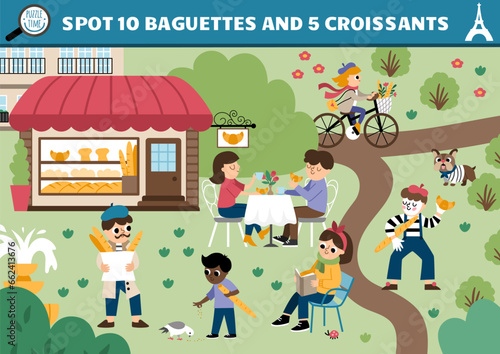 Vector French searching game with city landscape, bakery, people, animals. Spot hidden baguettes and croissants in the picture. Simple France seek and find educational printable activity for kids.