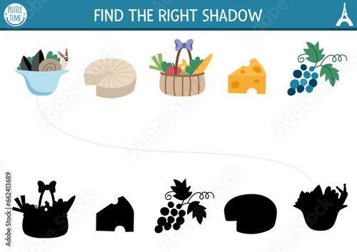 France shadow matching activity. Puzzle with traditional French food. Find correct silhouette printable worksheet. Funny page for kids with cheese, escargot, mussels, grapes, baguette .