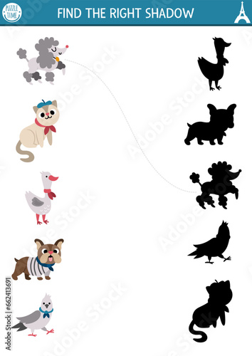France shadow matching activity. Puzzle with traditional French animals and birds. Find correct silhouette printable worksheet. Funny page for kids with poodle, bulldog, goose, pigeon .