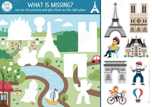 Vector France cut and glue activity. Crafting game with cute Paris city landscape, people, Eiffel Tower. Fun printable worksheet for kids. Find the right piece of the puzzle. Complete the picture.