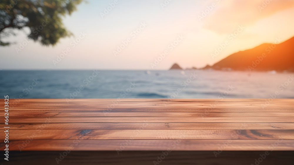 Pine wood table, morning atmosphere, trees, sea, mountains