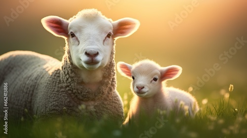 Lamb and her mother sheep on the meadow on a sunset view. AI generated image