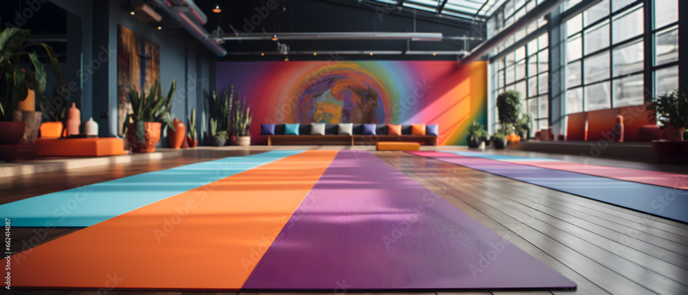 Mat of Serenity: Modern Yoga Studio's Splash of Color. Generative ai