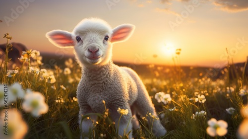Animal single lamb on the meadow on a sunset view. AI generated image