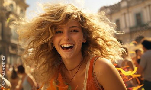 A young woman laughing in a street - Generative AI