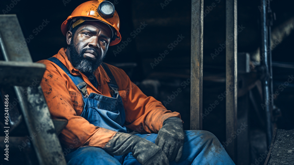 African american man dressed in work overalls and a hard hat is standing near the old caravan. Mine worker.
African american man dressed in work overalls and a hard hat is standing near the old caravan. Mine worker.