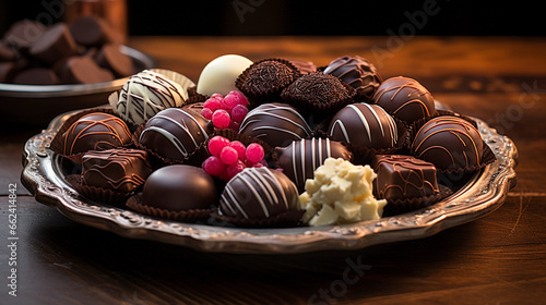 Assorted gourmet chocolates elegantly displayed on a white porcelain platter, dark wooden table backdrop