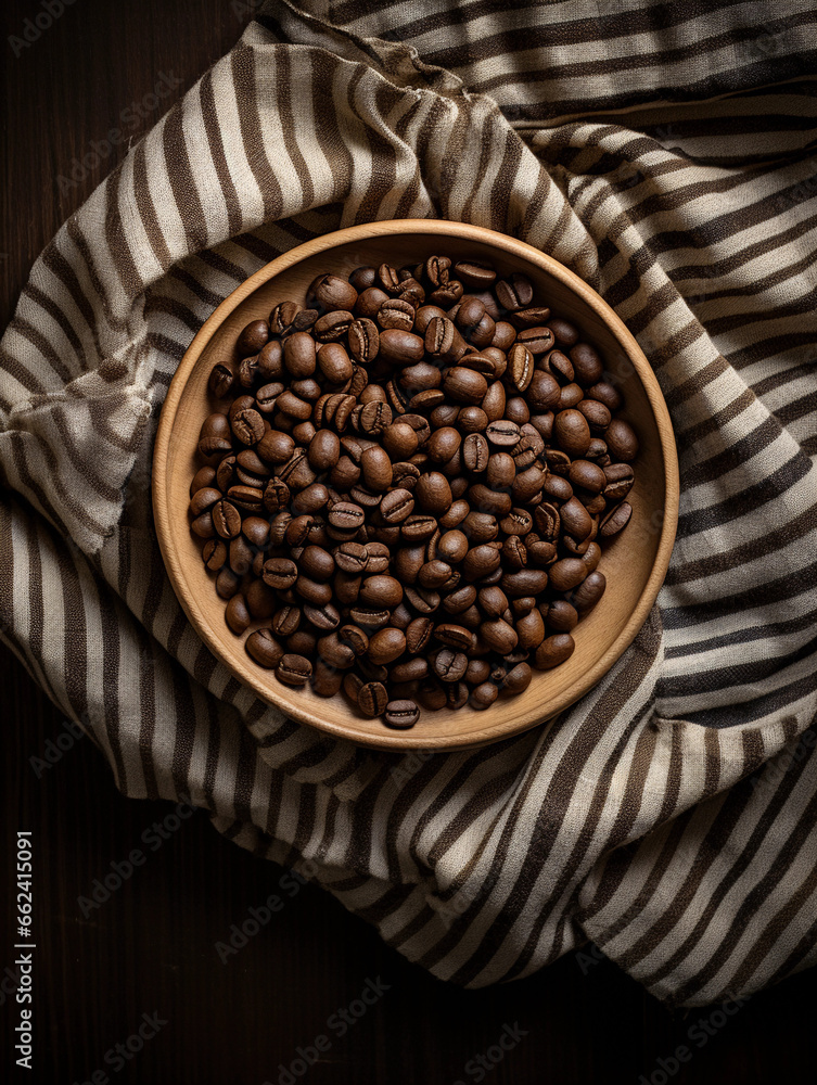 Fototapeta premium Chocolate - covered espresso beans on a vintage coffee saucer, textured burlap background, 5K, overhead shot