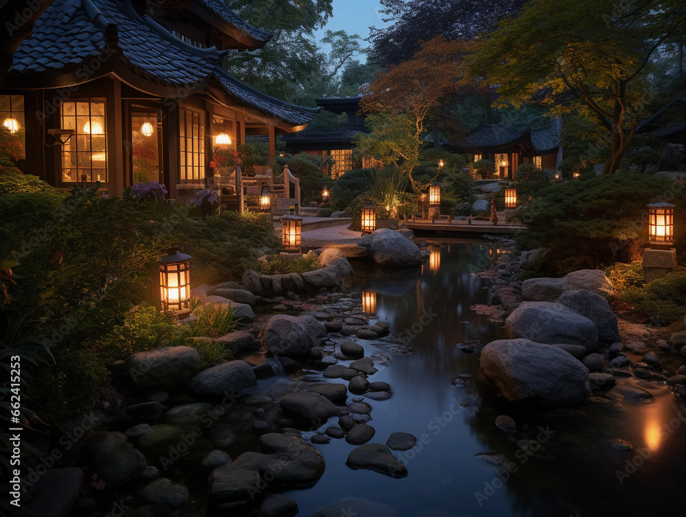 Feng Shui garden at dusk, stone pathways, flowing water, koi pond, carefully arranged plants, fire elements in lanterns, ethereal lighting Feng Shui garden at dusk, stone pathways, flowing water, koi pond, carefully arranged plants, fire elements in lanterns, ethereal lighting
