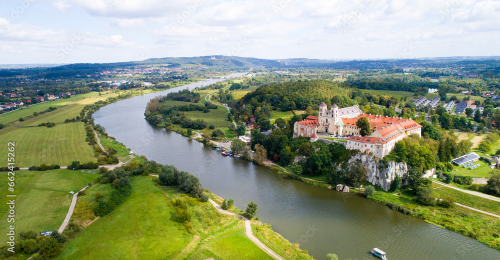 View from the drone of the Tyniec Abbey and the Vistula River. Poland View from the drone of the Tyniec Abbey and the Vistula River. Poland