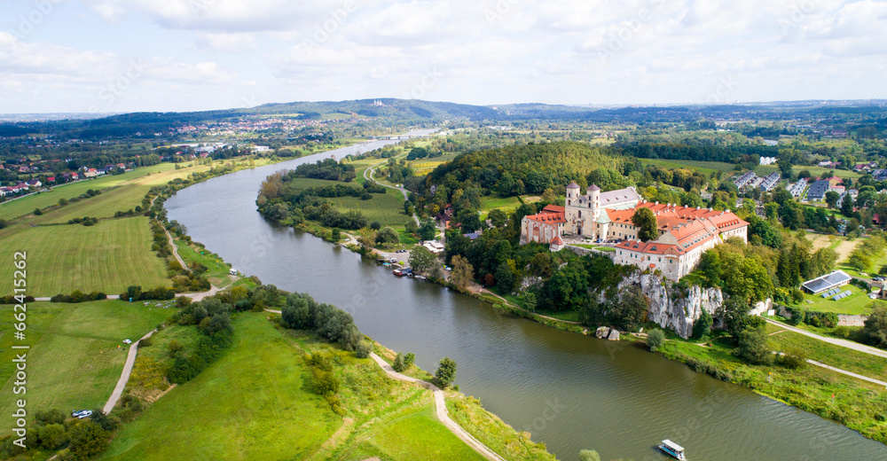 View from the drone of the Tyniec Abbey and the Vistula River. Poland