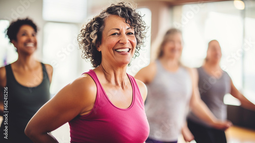 Aged woman dancing happily with other women during joyful group training in studio. Candidly expressing their active lifestyle.
 photo
