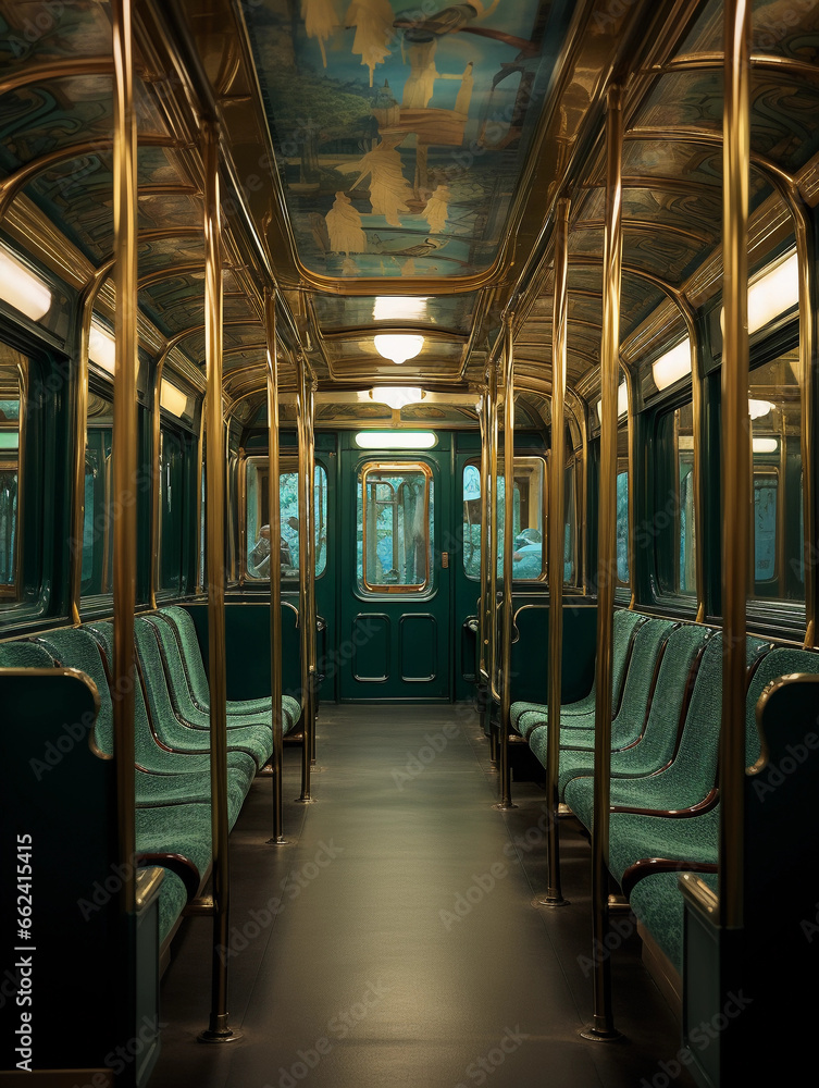 empty Paris Métro car, Art Nouveau detailing, ambient lighting, empty seats, nostalgic feel