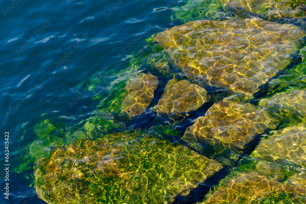 Steine und Felsen unter Wasser mit Algen oder Moos bedeckt. Natürlich reflektiertes Sonnenlicht.