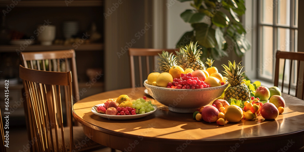 Feng Shui dining room, round table, eight chairs, centerpiece of fresh fruits, natural light balanced with warm artificial light