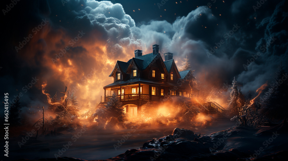 house with burning fire in the forest. halloween background. horror art.