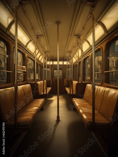empty Paris Métro car, Art Nouveau detailing, ambient lighting, empty seats, nostalgic feel
