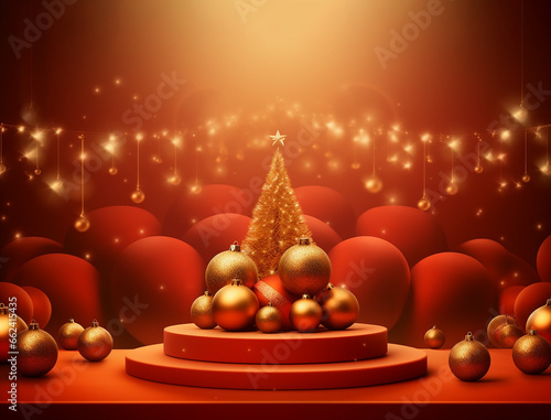 Christmas background with red and golden balls and Christmas tree. Vector style illustration.