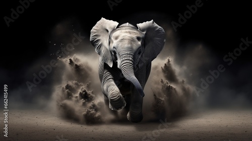 Young elephant running on dust dark view. AI generated image