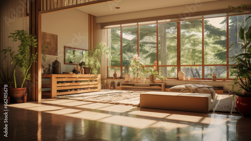 Feng Shui living room, wood elements, water fountain, airy and uncluttered, earth tones, bamboo plants, natural light streaming in through large windows © Marco Attano