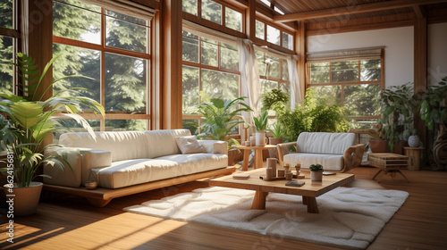 Feng Shui living room, wood elements, water fountain, airy and uncluttered, earth tones, bamboo plants, natural light streaming in through large windows