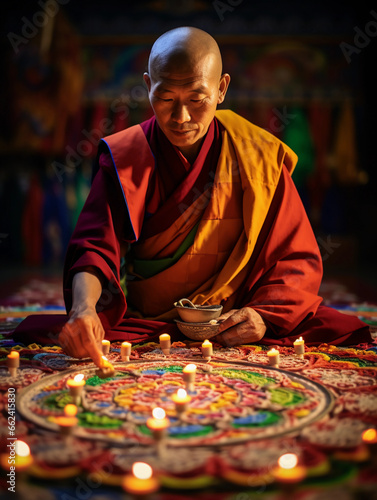 Sand Mandala, intricate details, vibrant colors, lit by soft ambient light, natural materials, Tibetan monk in the background in s