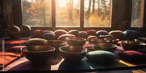 Tibetan singing bowls arranged in a circle, wooden mallets, felt cushion, bright colors, morning sun rays photo