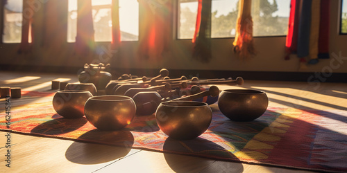 Tibetan singing bowls arranged in a circle  wooden mallets  felt cushion  bright colors  morning sun rays