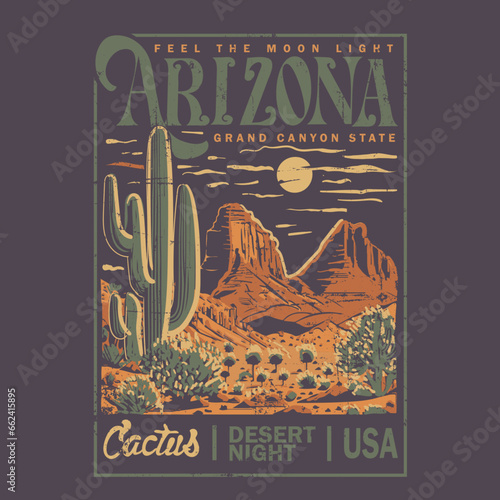 Arizona grand canyon state USA, cactus desert night Graphic t shirt, Arizona vector t-shirt design. Night view desert. Mountain graphics print artwork.